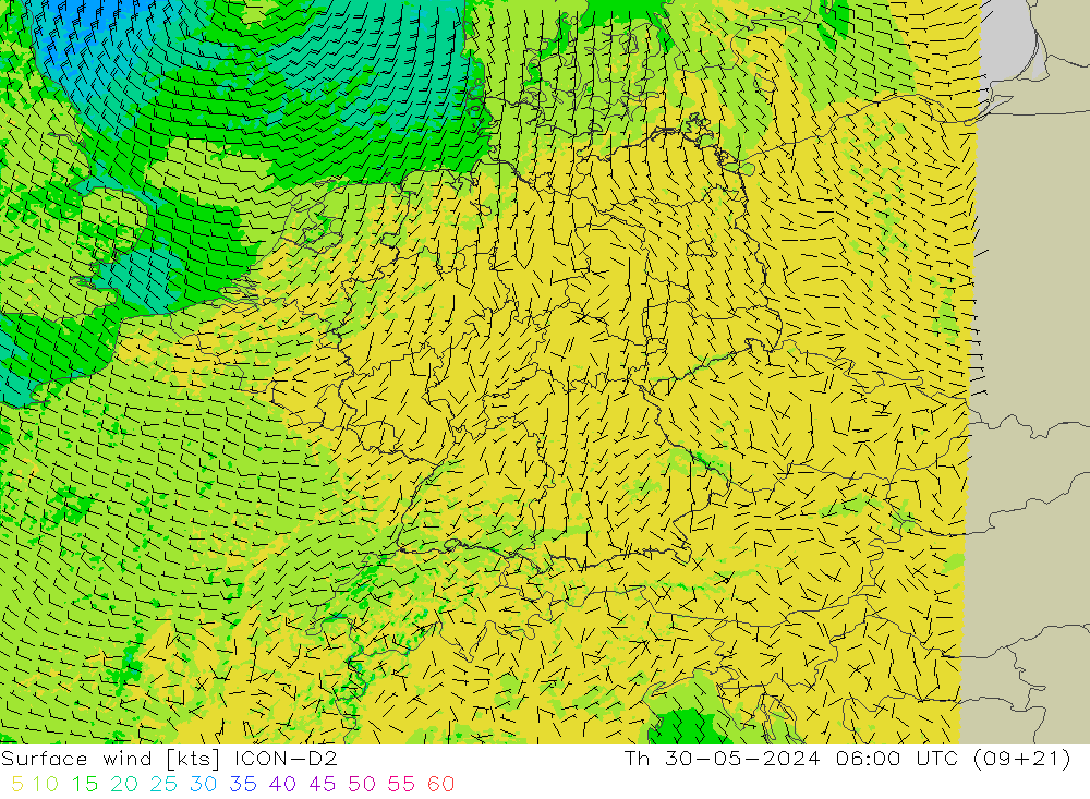 Bodenwind ICON-D2 Do 30.05.2024 06 UTC