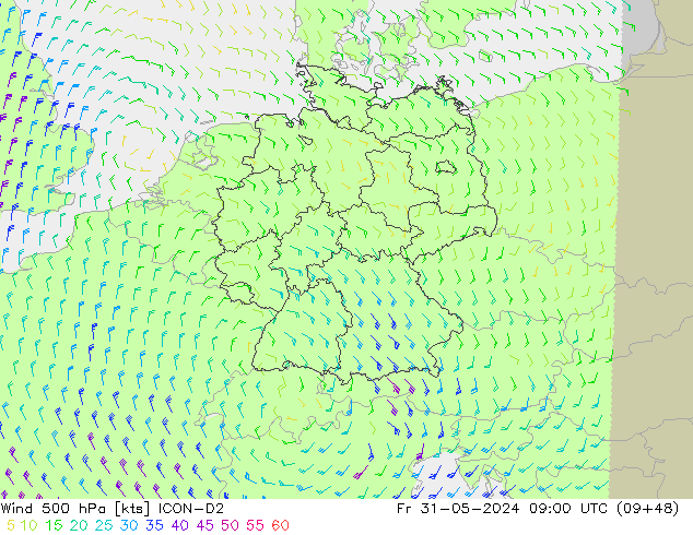 Viento 500 hPa ICON-D2 vie 31.05.2024 09 UTC