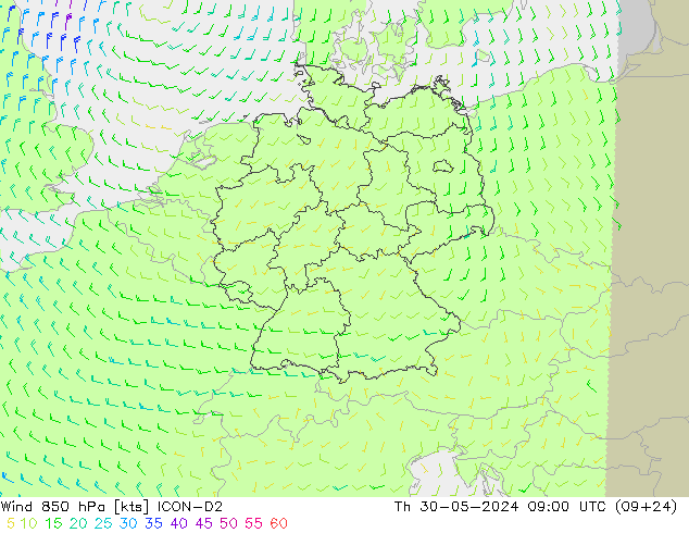 Wind 850 hPa ICON-D2 Do 30.05.2024 09 UTC