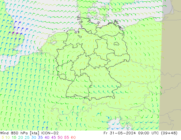 Vento 850 hPa ICON-D2 Sex 31.05.2024 09 UTC