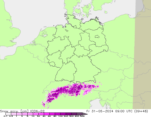 Snow accu. ICON-D2 Pá 31.05.2024 09 UTC