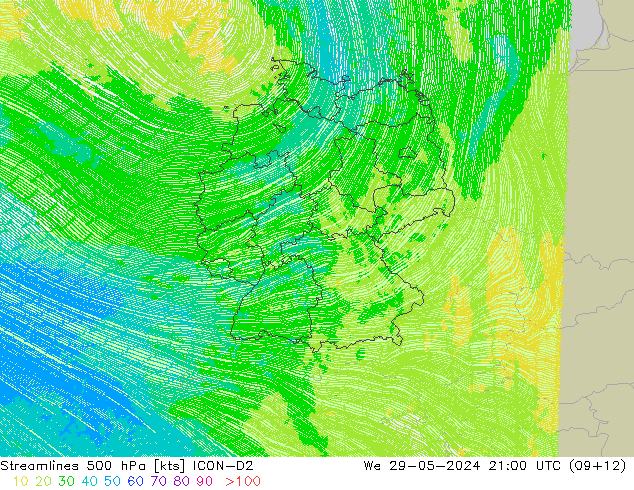 Streamlines 500 hPa ICON-D2 We 29.05.2024 21 UTC