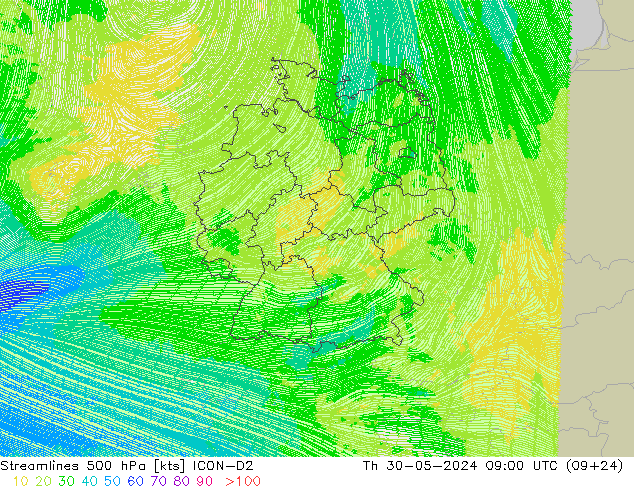 Streamlines 500 hPa ICON-D2 Th 30.05.2024 09 UTC