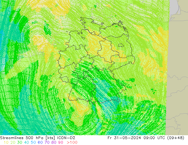 Streamlines 500 hPa ICON-D2 Fr 31.05.2024 09 UTC