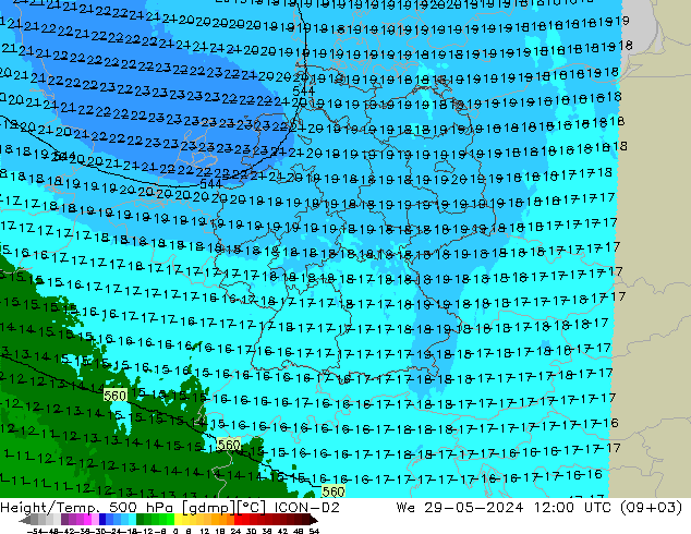 Height/Temp. 500 hPa ICON-D2 Mi 29.05.2024 12 UTC