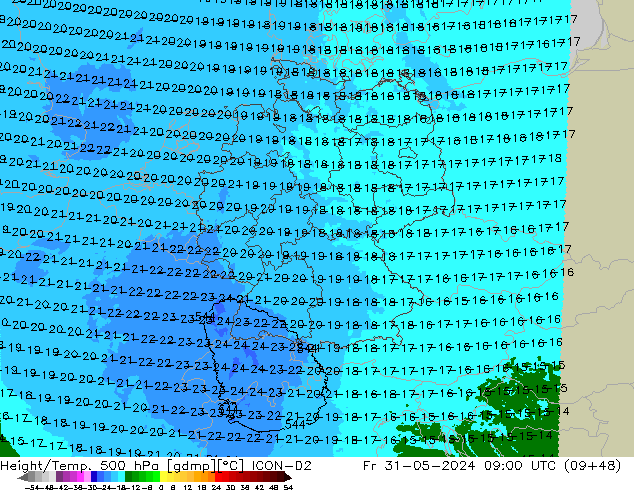 Height/Temp. 500 hPa ICON-D2 Pá 31.05.2024 09 UTC