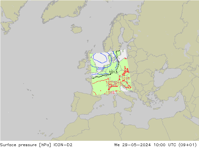 Surface pressure ICON-D2 We 29.05.2024 10 UTC