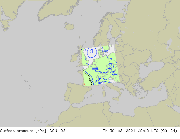 Surface pressure ICON-D2 Th 30.05.2024 09 UTC