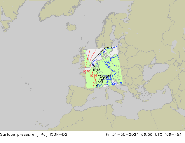 Pressione al suolo ICON-D2 ven 31.05.2024 09 UTC