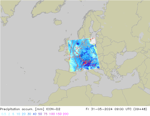 Totale neerslag ICON-D2 vr 31.05.2024 09 UTC
