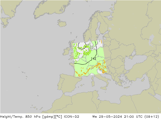 Yükseklik/Sıc. 850 hPa ICON-D2 Çar 29.05.2024 21 UTC