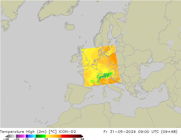 Temperatura máx. (2m) ICON-D2 vie 31.05.2024 09 UTC