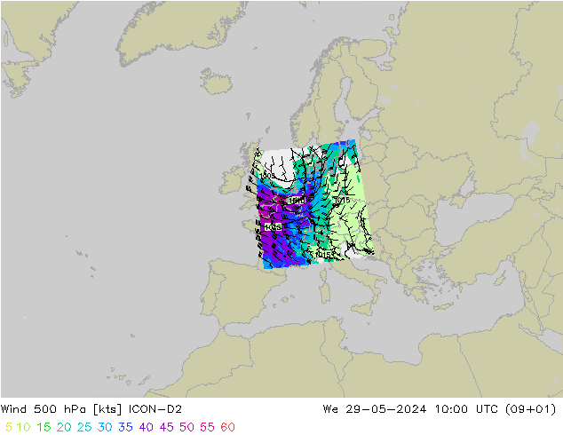 风 500 hPa ICON-D2 星期三 29.05.2024 10 UTC