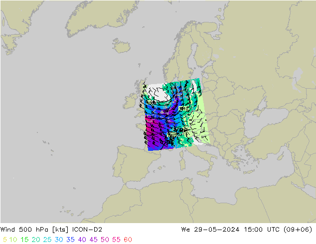 Wind 500 hPa ICON-D2 We 29.05.2024 15 UTC