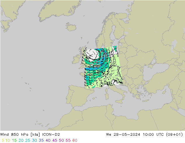 Wind 850 hPa ICON-D2 We 29.05.2024 10 UTC