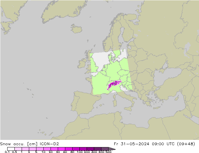 Snow accu. ICON-D2 Pá 31.05.2024 09 UTC