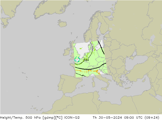 Height/Temp. 500 hPa ICON-D2 Do 30.05.2024 09 UTC