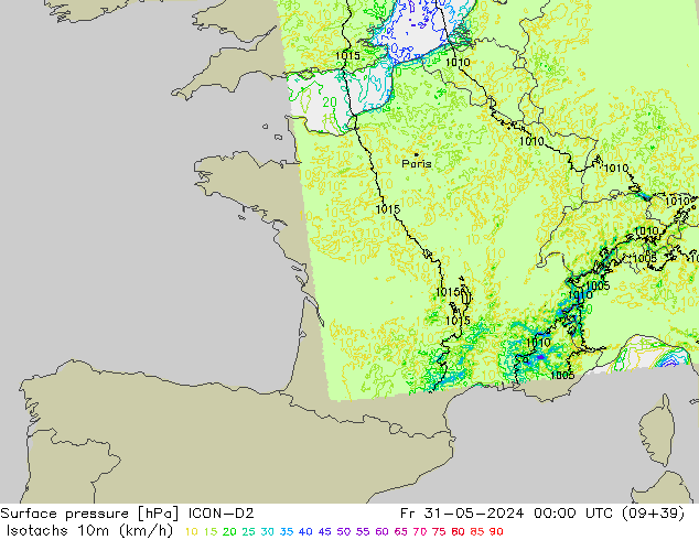 Isotachen (km/h) ICON-D2 vr 31.05.2024 00 UTC