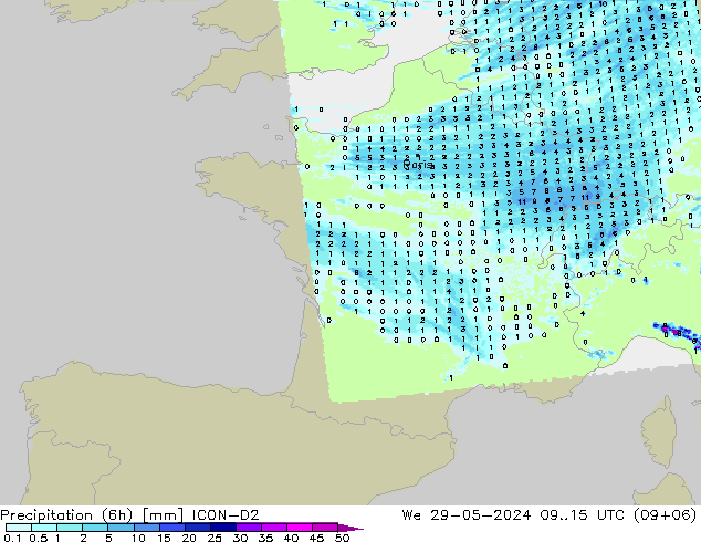 Totale neerslag (6h) ICON-D2 wo 29.05.2024 15 UTC