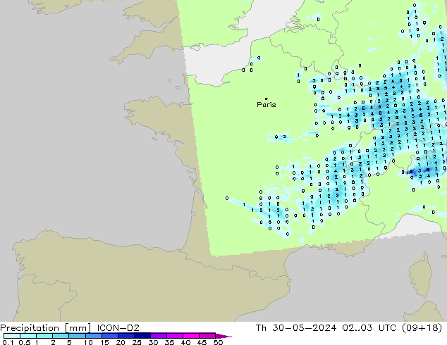 Srážky ICON-D2 Čt 30.05.2024 03 UTC