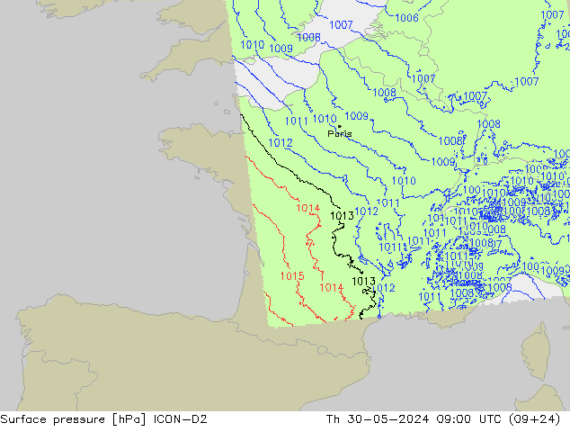 Atmosférický tlak ICON-D2 Čt 30.05.2024 09 UTC