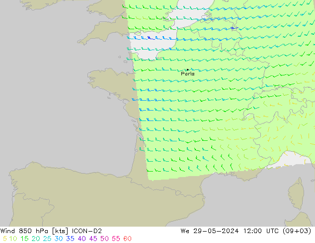 Wind 850 hPa ICON-D2 wo 29.05.2024 12 UTC