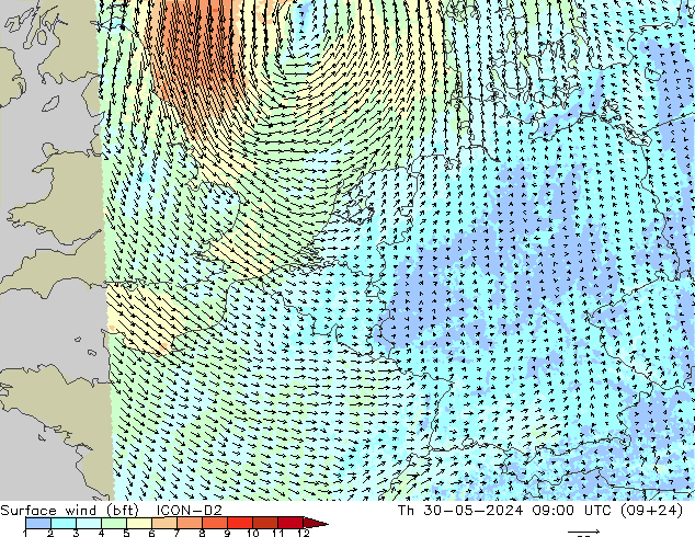 Viento 10 m (bft) ICON-D2 jue 30.05.2024 09 UTC
