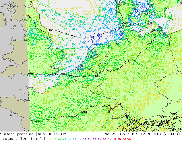 Isotaca (kph) ICON-D2 mié 29.05.2024 12 UTC