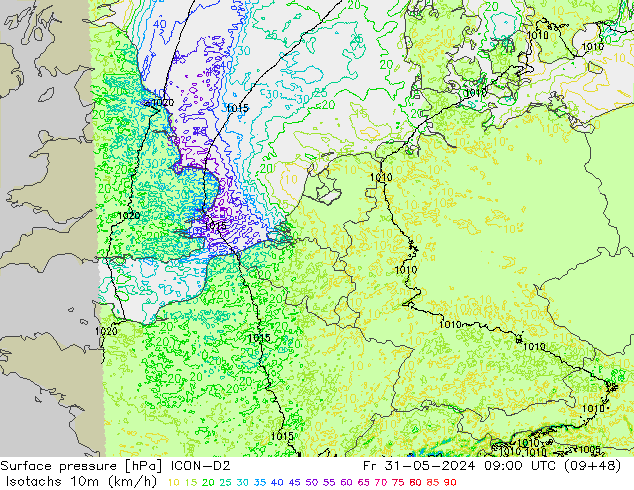 Isotachs (kph) ICON-D2 Sex 31.05.2024 09 UTC