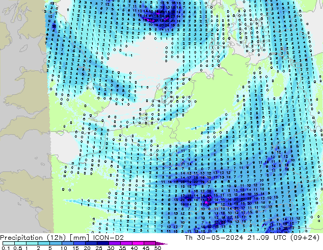 Precipitation (12h) ICON-D2 Čt 30.05.2024 09 UTC