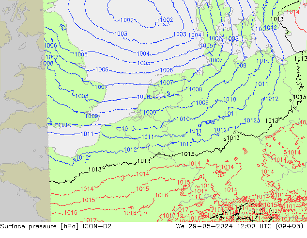 Surface pressure ICON-D2 We 29.05.2024 12 UTC