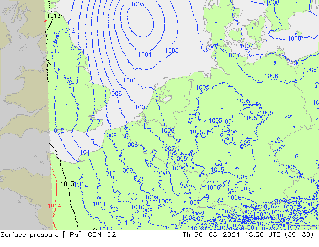 Pressione al suolo ICON-D2 gio 30.05.2024 15 UTC