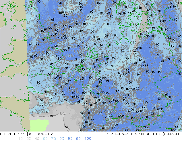 RH 700 hPa ICON-D2 星期四 30.05.2024 09 UTC