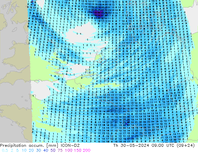 Précipitation accum. ICON-D2 jeu 30.05.2024 09 UTC