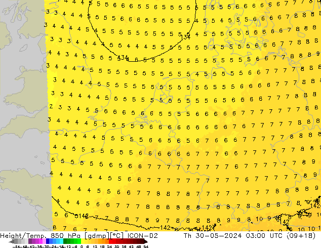 Height/Temp. 850 hPa ICON-D2 Do 30.05.2024 03 UTC