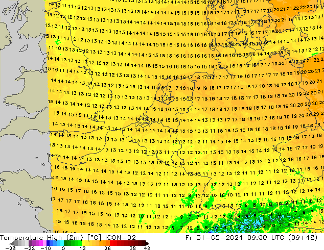 Темпер. макс 2т ICON-D2 пт 31.05.2024 09 UTC