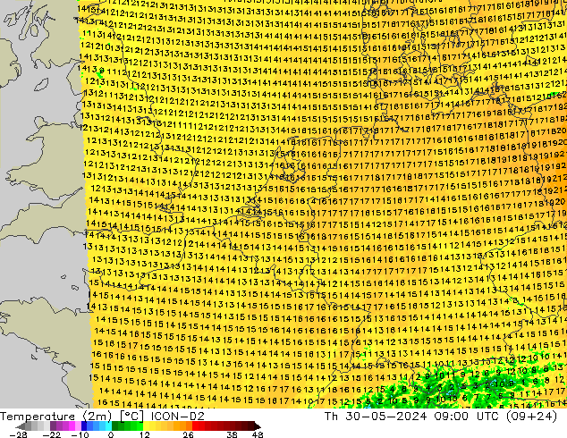 Temperatura (2m) ICON-D2 jue 30.05.2024 09 UTC