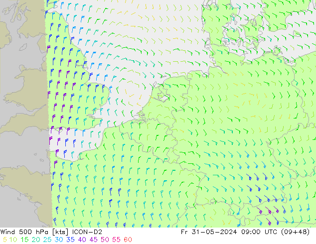 Viento 500 hPa ICON-D2 vie 31.05.2024 09 UTC