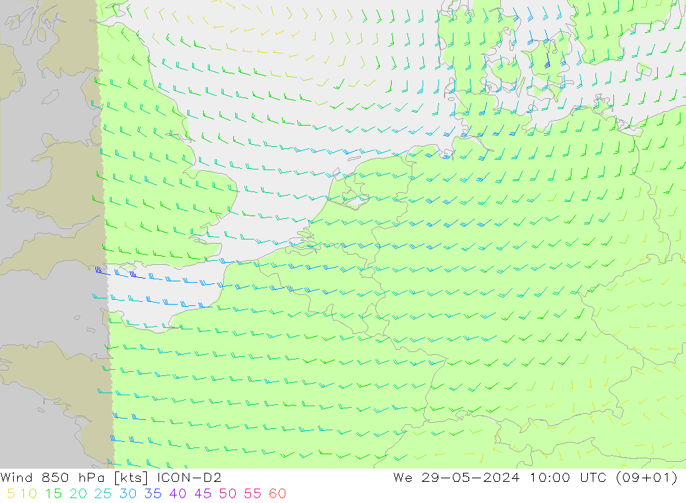 Wind 850 hPa ICON-D2 We 29.05.2024 10 UTC