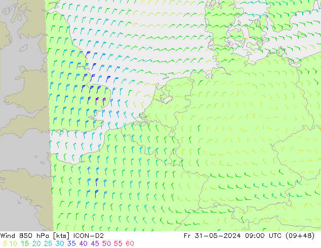 Vento 850 hPa ICON-D2 Sex 31.05.2024 09 UTC