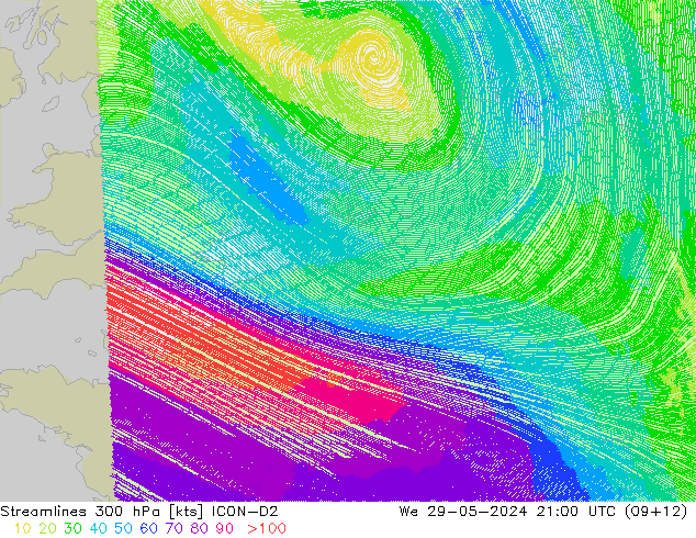 Streamlines 300 hPa ICON-D2 St 29.05.2024 21 UTC