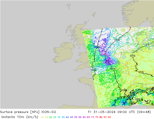 Isotachs (kph) ICON-D2 Fr 31.05.2024 09 UTC