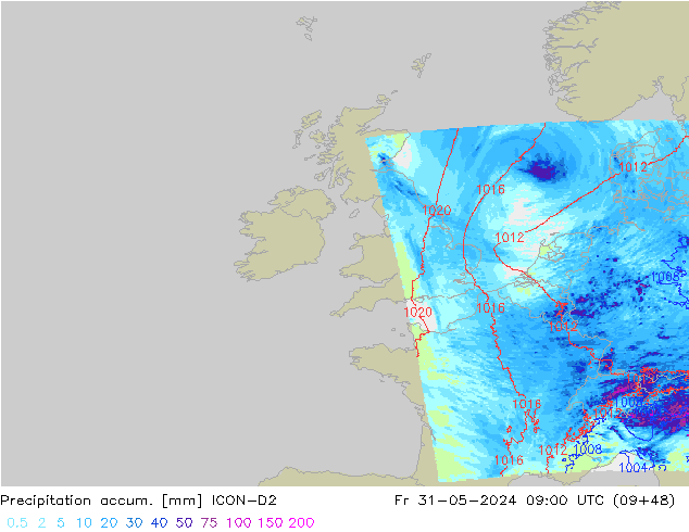 Totale neerslag ICON-D2 vr 31.05.2024 09 UTC