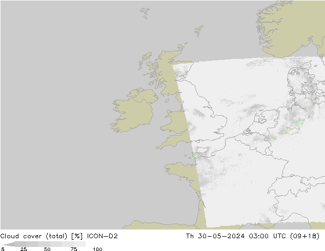 Cloud cover (total) ICON-D2 Th 30.05.2024 03 UTC