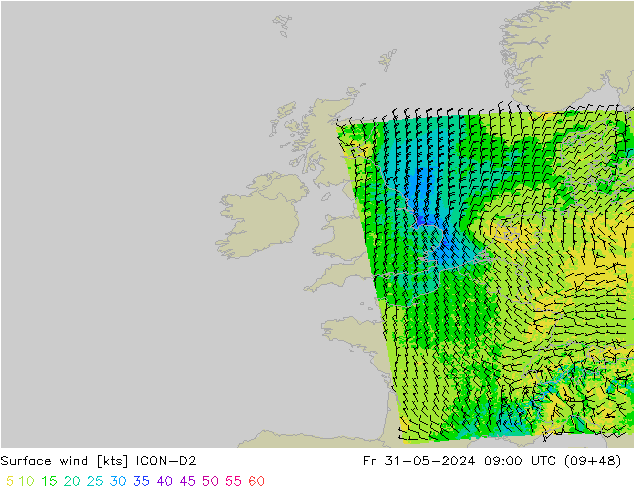 Surface wind ICON-D2 Pá 31.05.2024 09 UTC