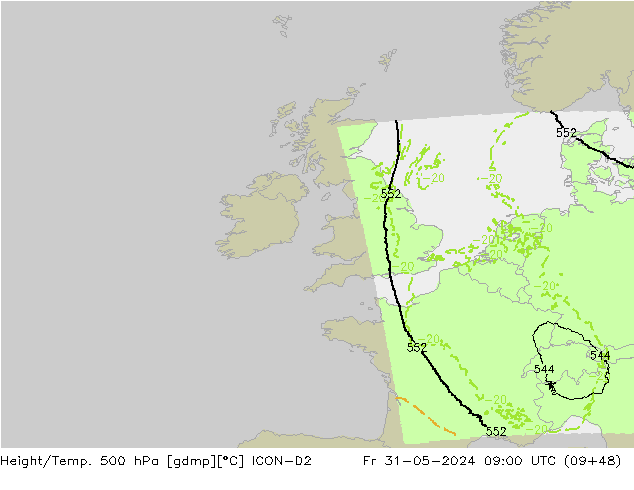 Height/Temp. 500 hPa ICON-D2 Sex 31.05.2024 09 UTC