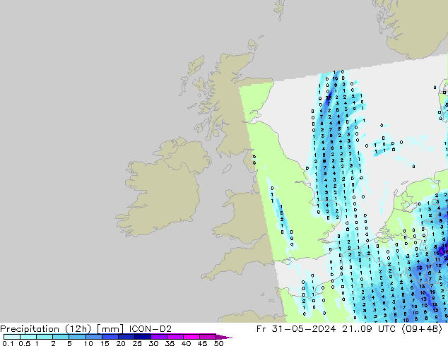 Precipitation (12h) ICON-D2 Fr 31.05.2024 09 UTC