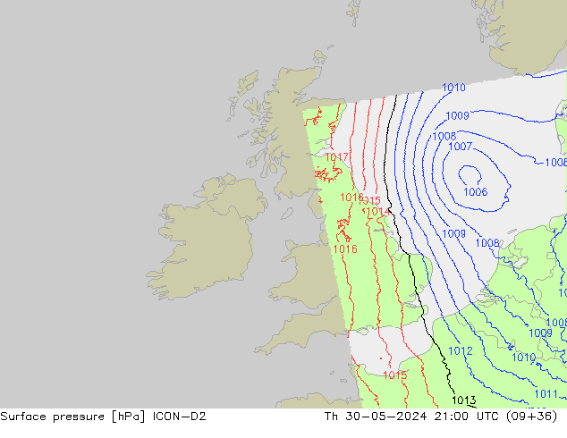 Surface pressure ICON-D2 Th 30.05.2024 21 UTC