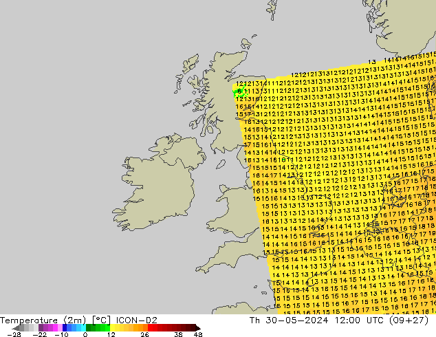 mapa temperatury (2m) ICON-D2 czw. 30.05.2024 12 UTC