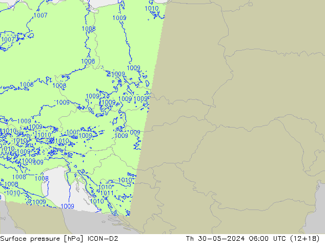 Atmosférický tlak ICON-D2 Čt 30.05.2024 06 UTC